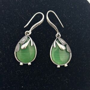 Natural Stone Huge Retro Emerald Green Cat Eye Silver Hook Earrings